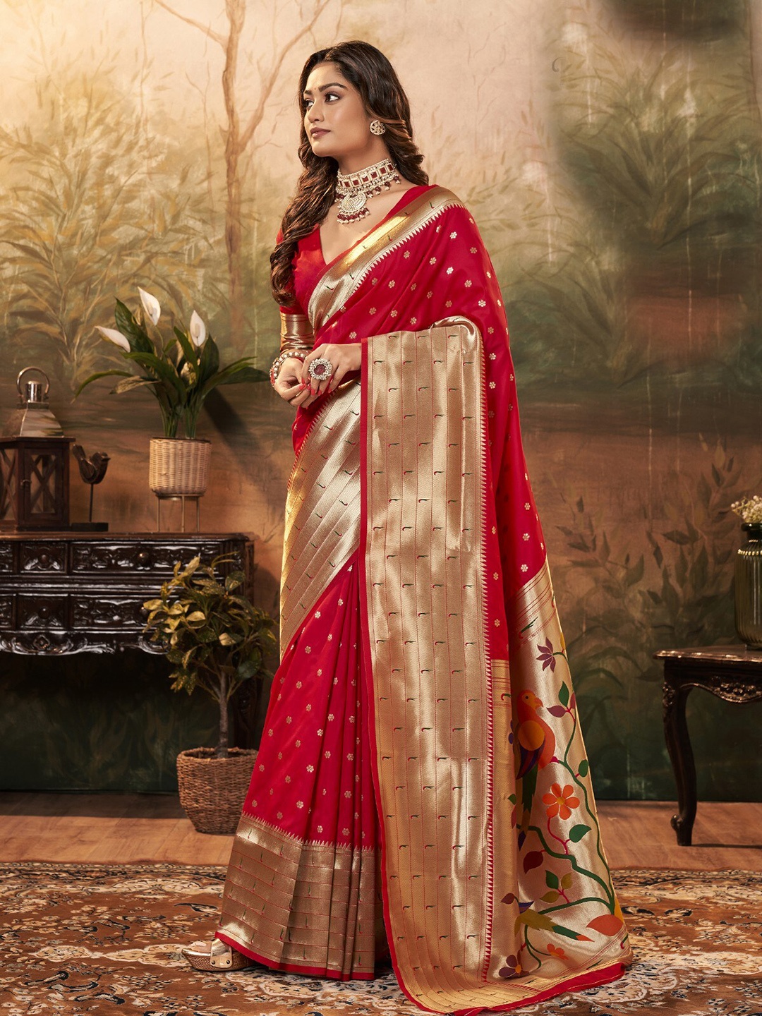 

ODETTE Floral Woven Design Zari Saree, Red