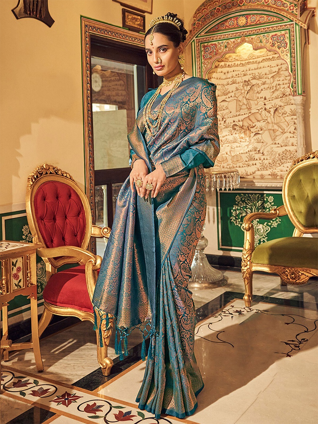 

ODETTE Ethnic Motifs Woven Design Zari Saree, Teal