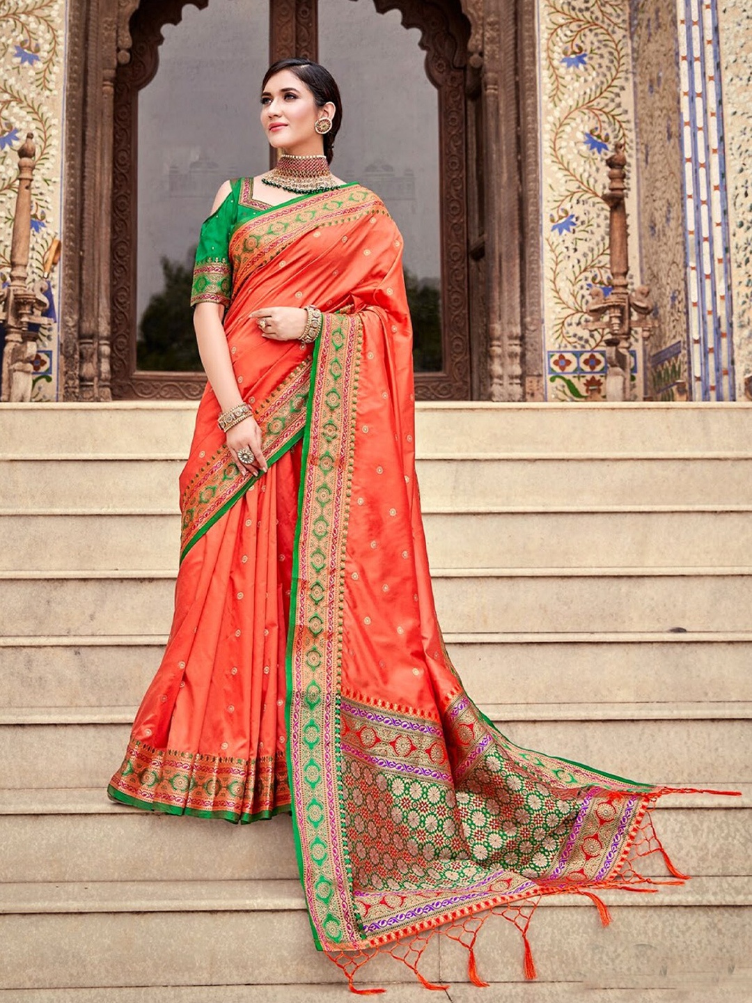 

ODETTE Woven Design Zari Saree, Orange