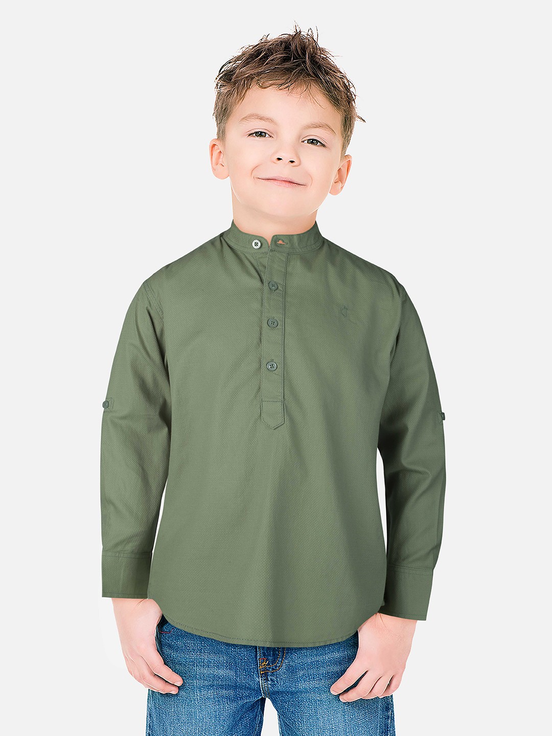

Gini and Jony Boys Band Collar Cotton Casual Shirt, Olive