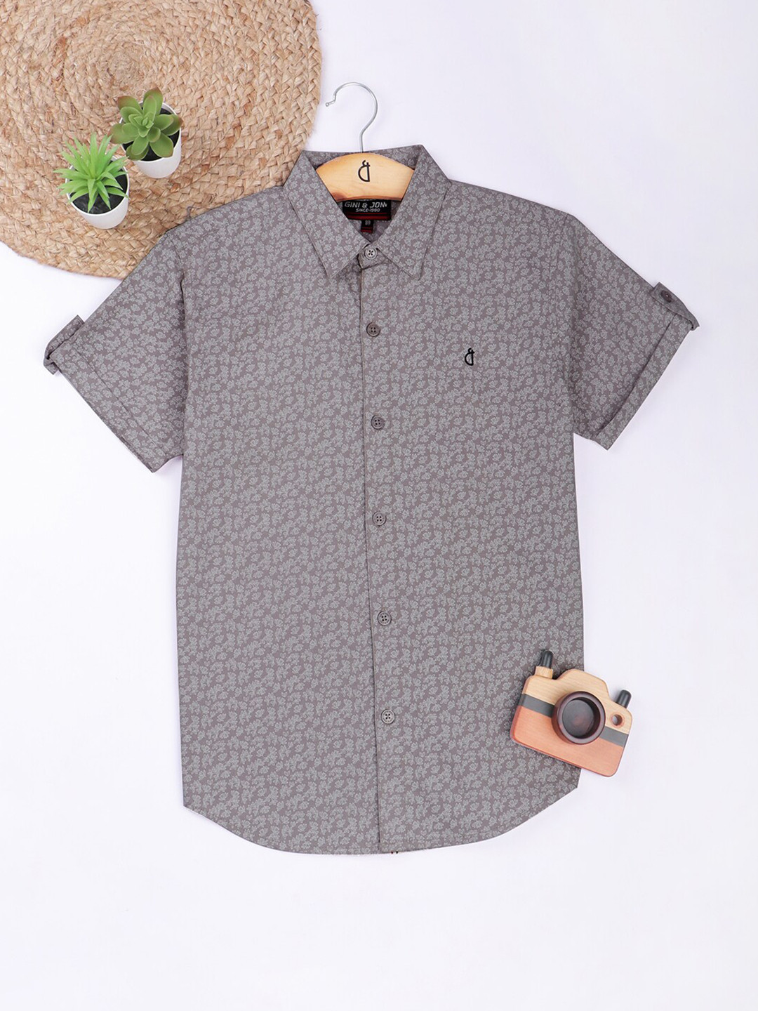 

Gini and Jony Boys Floral Printed Spread Collar Cotton Shirt, Grey