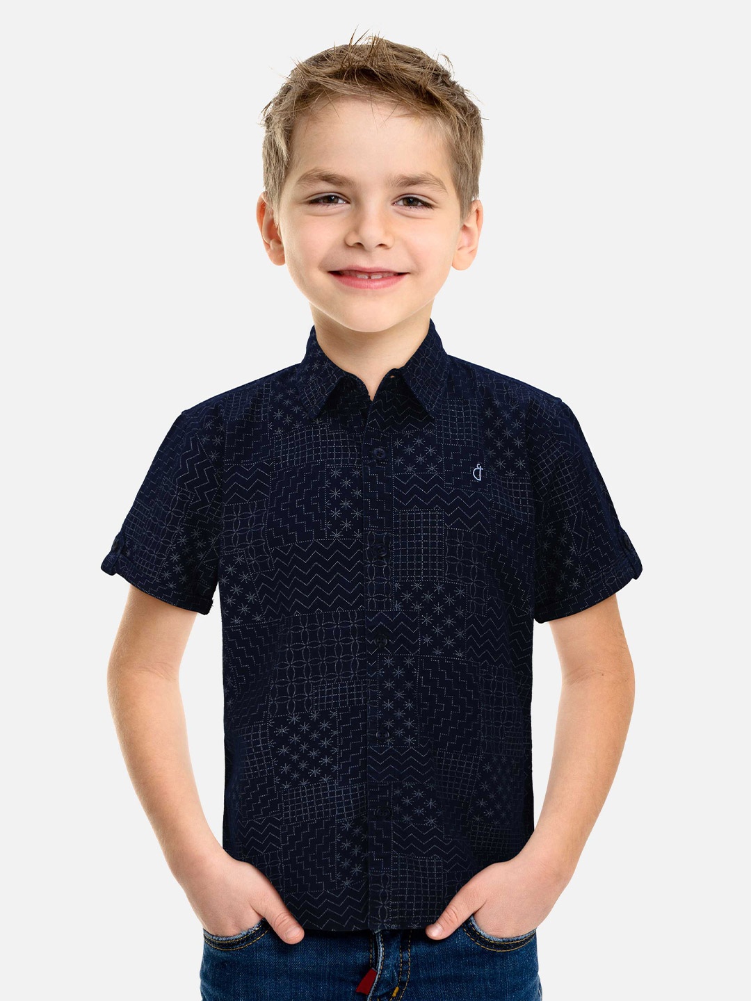 

Gini and Jony Infant Geometric Printed Spread Collar Cotton Casual Shirt, Navy blue