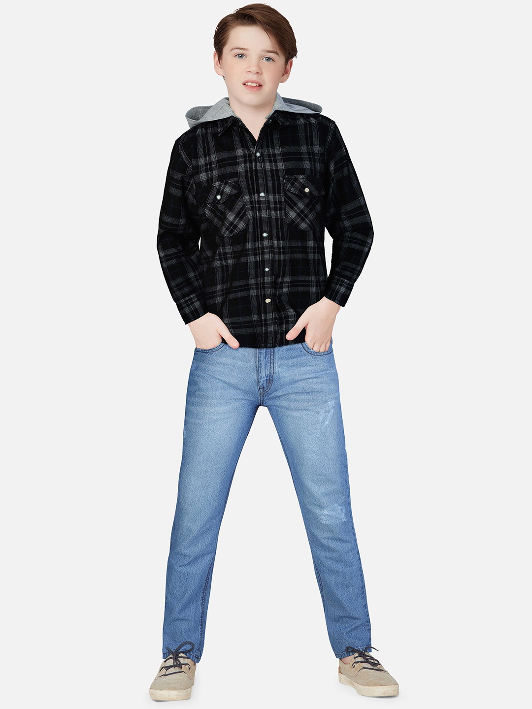 

Gini and Jony Boys Checked Hooded Casual Cotton Shirt, Black