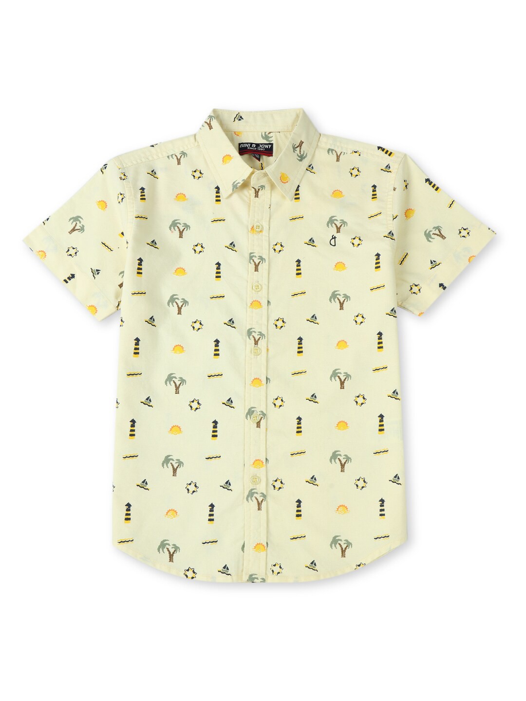 

Gini and Jony Boys Conversational Printed Spread Collar Cotton Shirt, Yellow