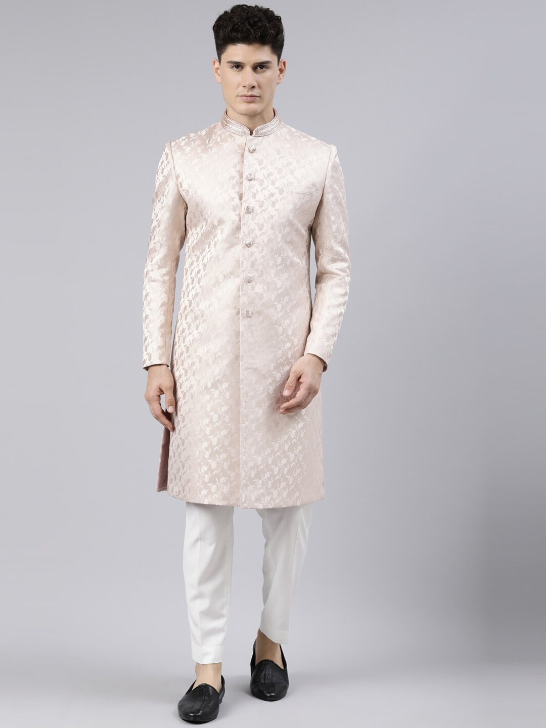 

TheEthnic.Co Floral Jacquard Sherwani Set, Peach