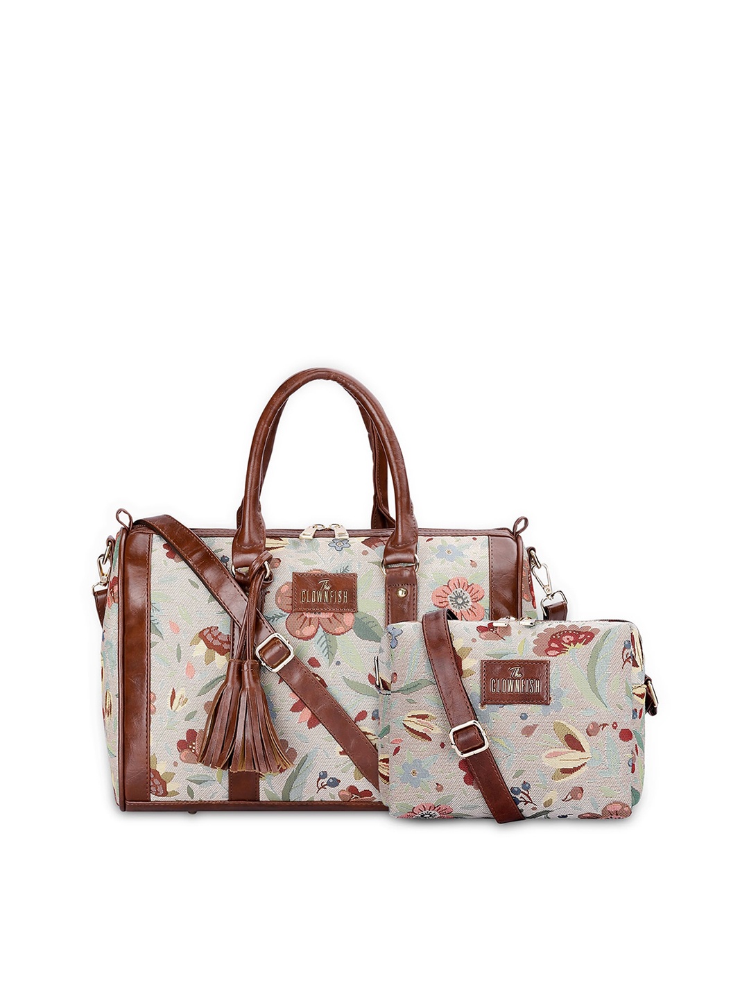 

THE CLOWNFISH Adelina & Lorna Pack Of 2 Floral Printed Handheld Bag With Tasselled, Coffee brown