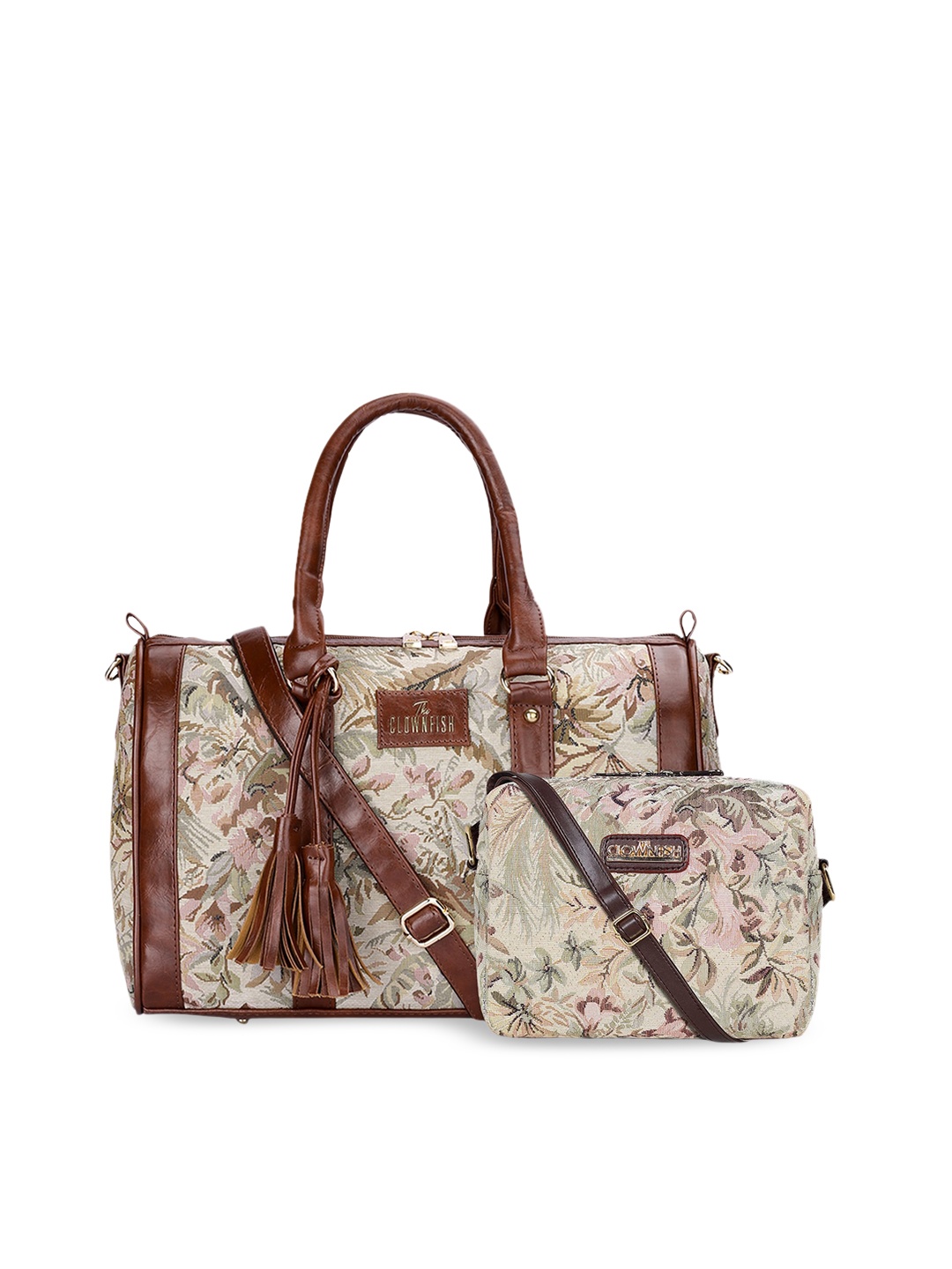 

THE CLOWNFISH Adelina & Lorna Pack Of 2 Printed Structured Handheld Bag With Tasselled, Beige