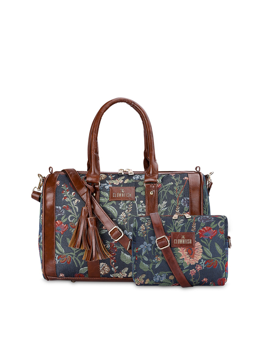 

THE CLOWNFISH Adelina and Lorna Set of 2 Floral Printed Handheld Bag and Sling Bag, Navy blue