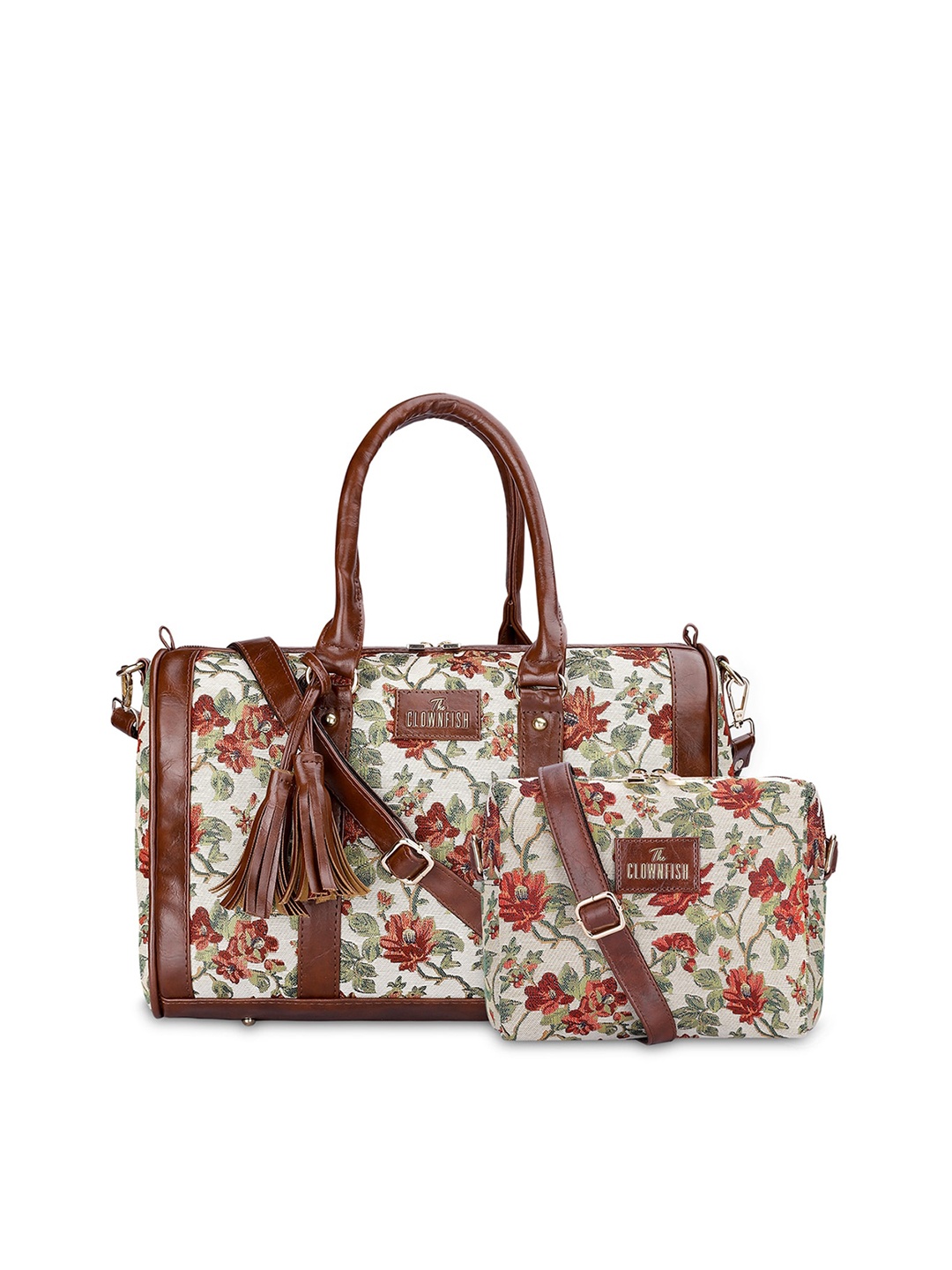 

THE CLOWNFISH Adelina & Lorna Set Of 2 Floral Printed Handheld Bag & Sling Bag, Off white