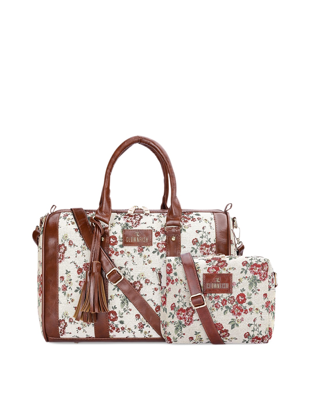 THE CLOWNFISH Adelina & Lorna Set Of 2 Floral Printed Handheld Bag And Sling Bag, White