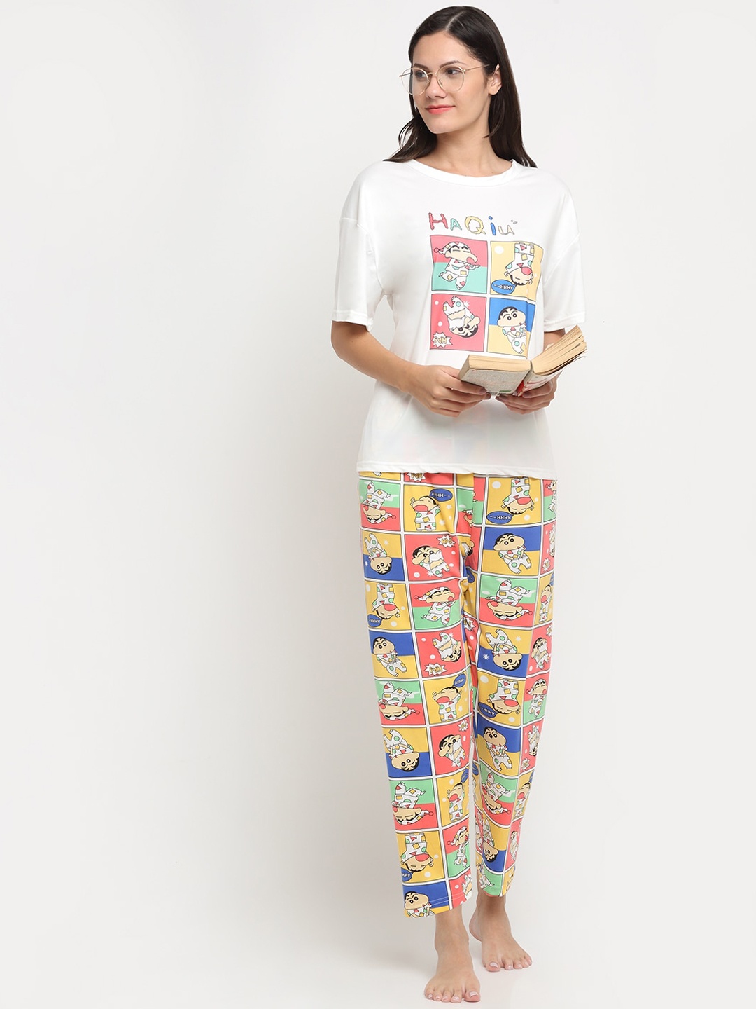 

KLOTTHE 3 Pieces Cartoon Characters Printed Night Suit, White