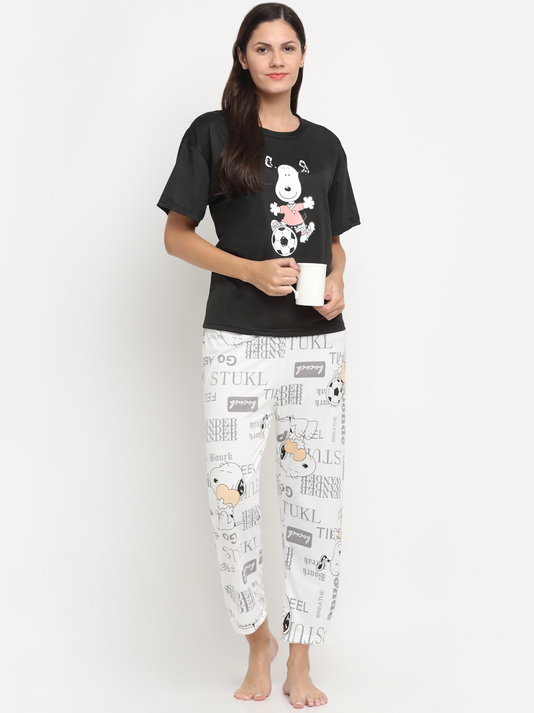 

KLOTTHE 3 Pieces Conversational Printed Night Suit, Black