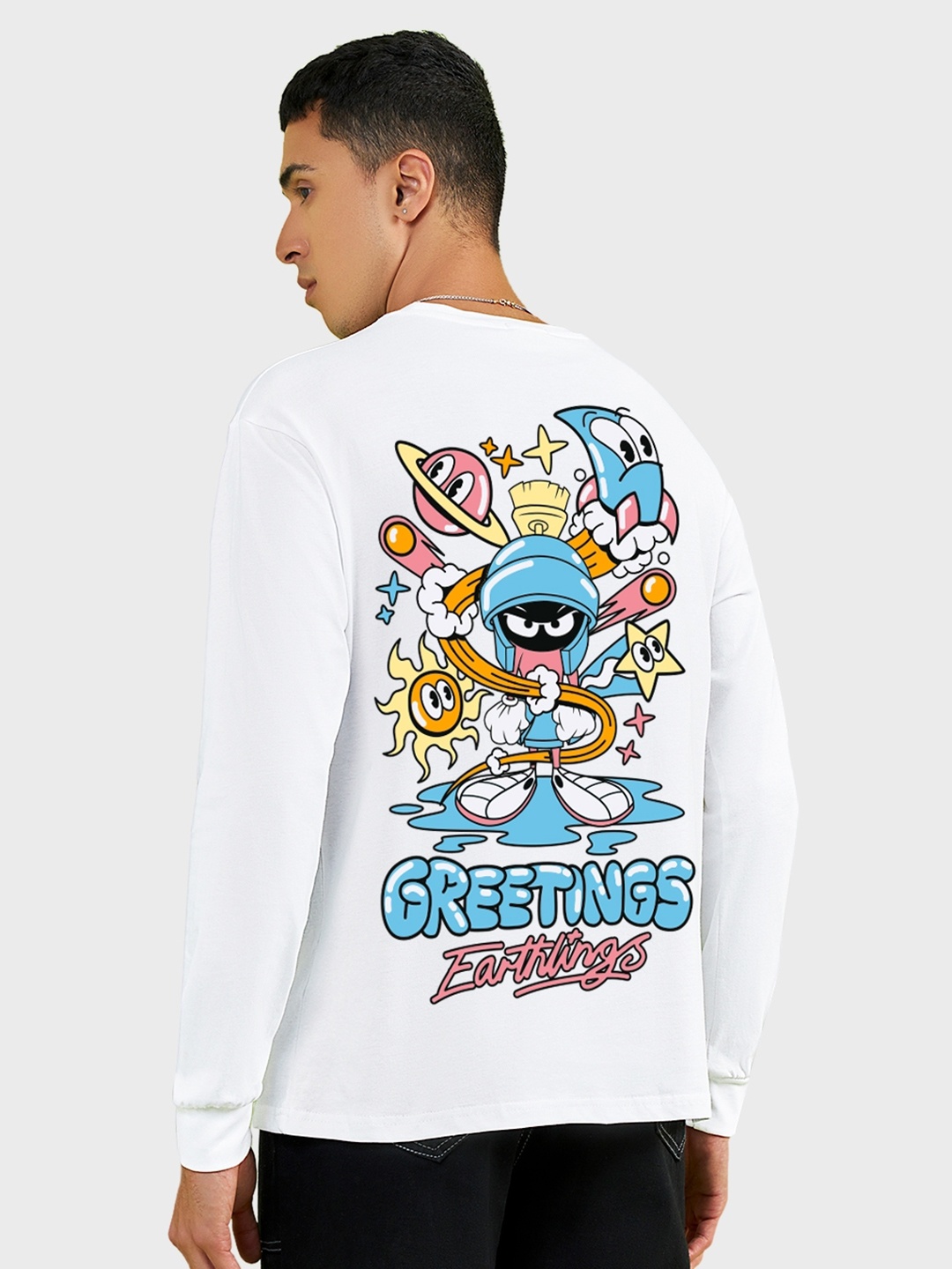 

Bewakoof Earthlings Printed Drop-Shoulder Sleeves Cotton Oversize T-shirt, White