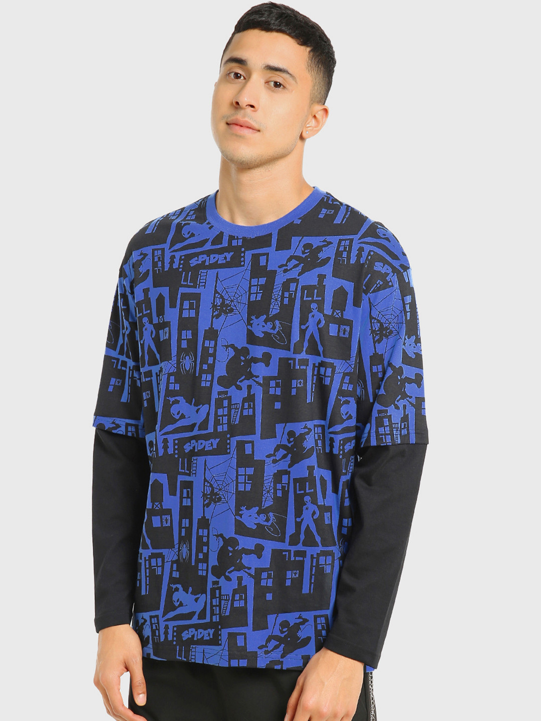 

Bewakoof Blue Spider-Man Graphic Printed Drop-Shoulder Sleeves Oversized Cotton T-shirt