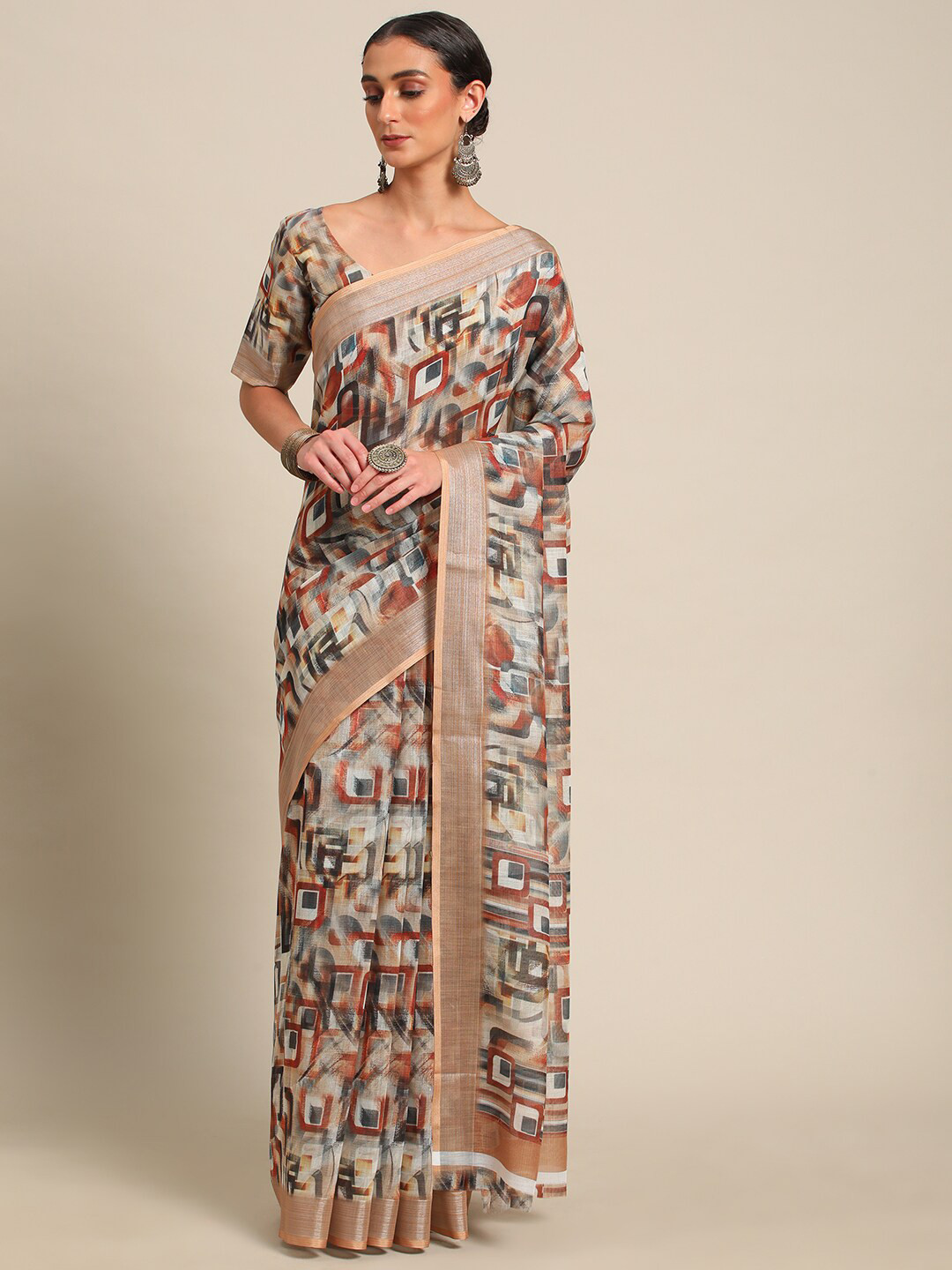 

all about you Gold-Toned & Grey Abstract Printed Zari Saree
