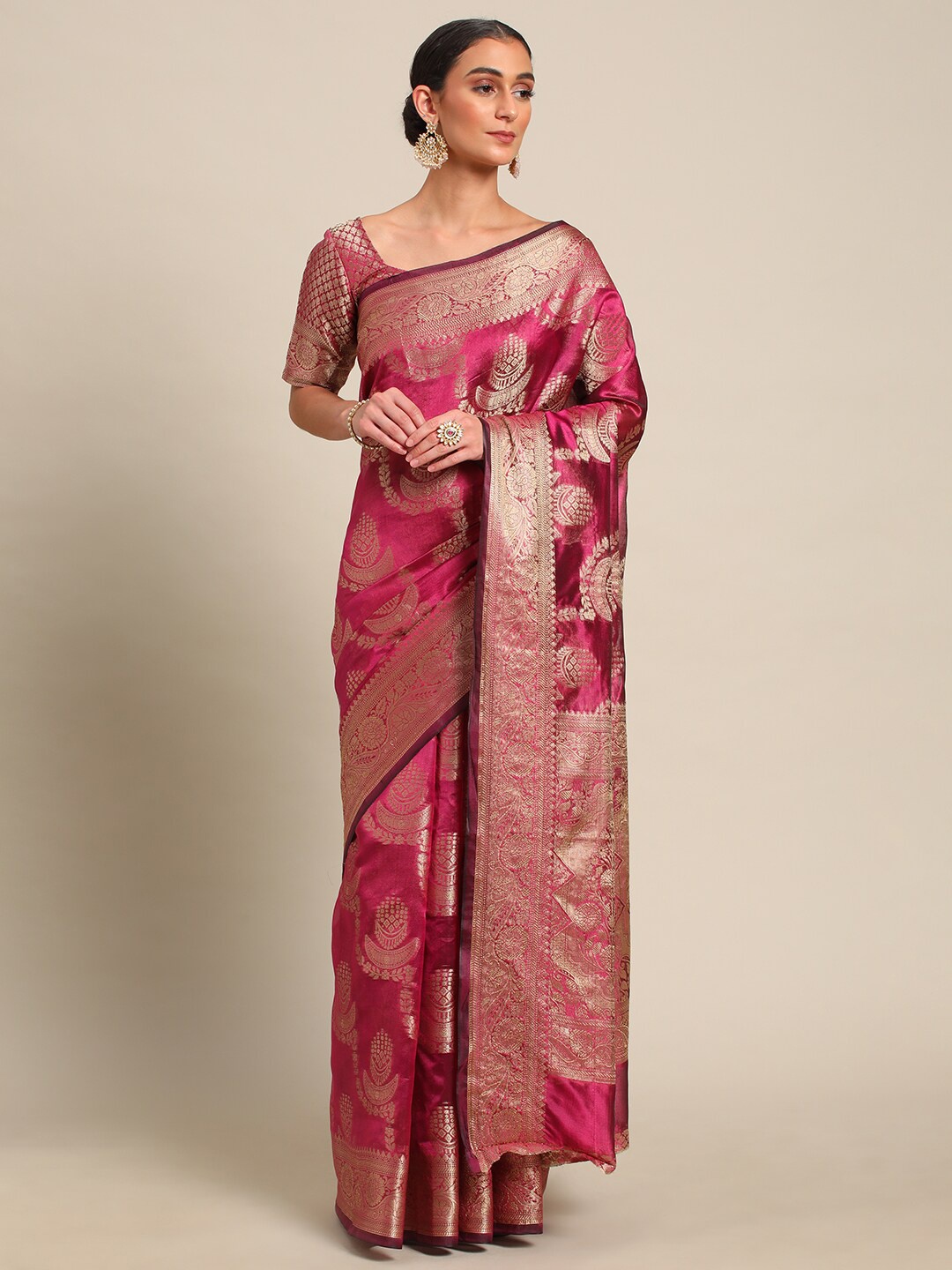 

all about you Ethnic Motif Woven Design Zari Organza Saree, Magenta