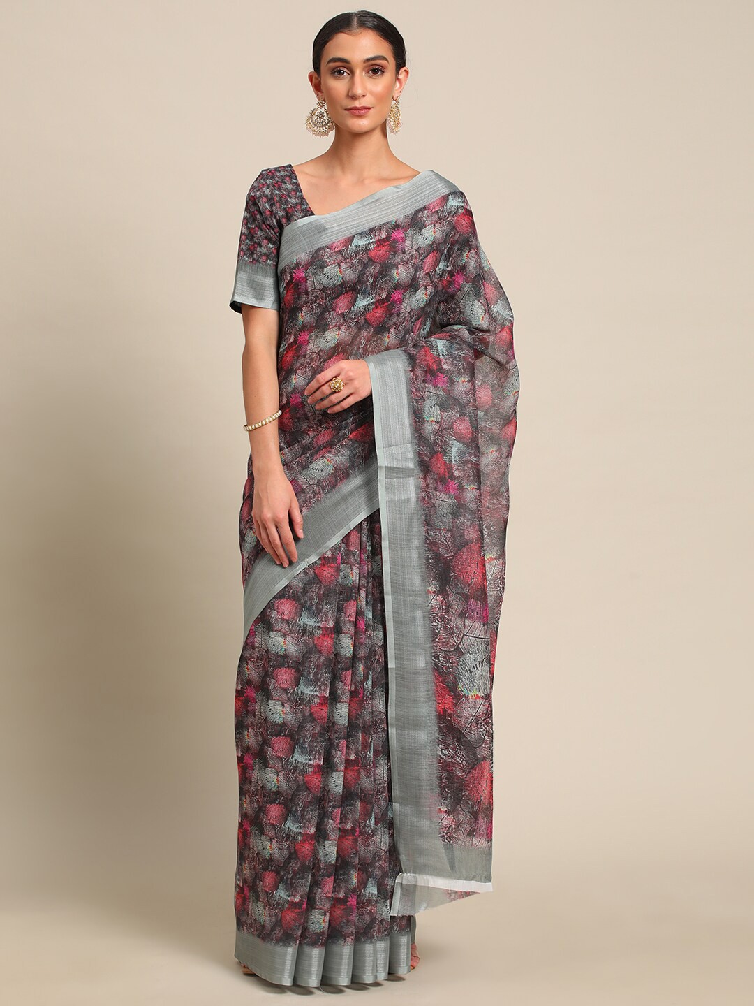 

all about you Black & Red Abstract Printed Zari Saree