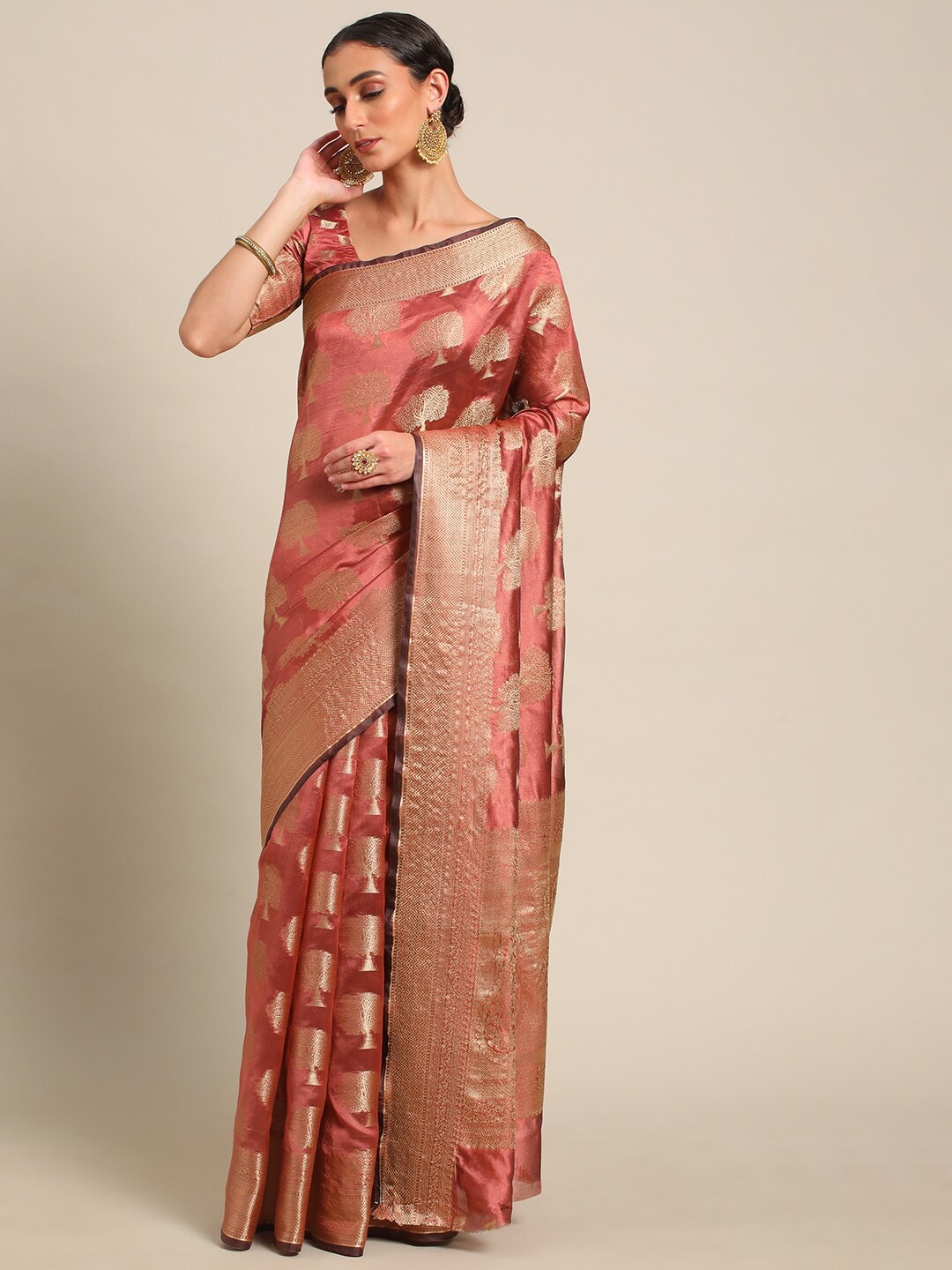 

all about you Rust & Gold-Toned Floral Woven Design Zari Organza Saree