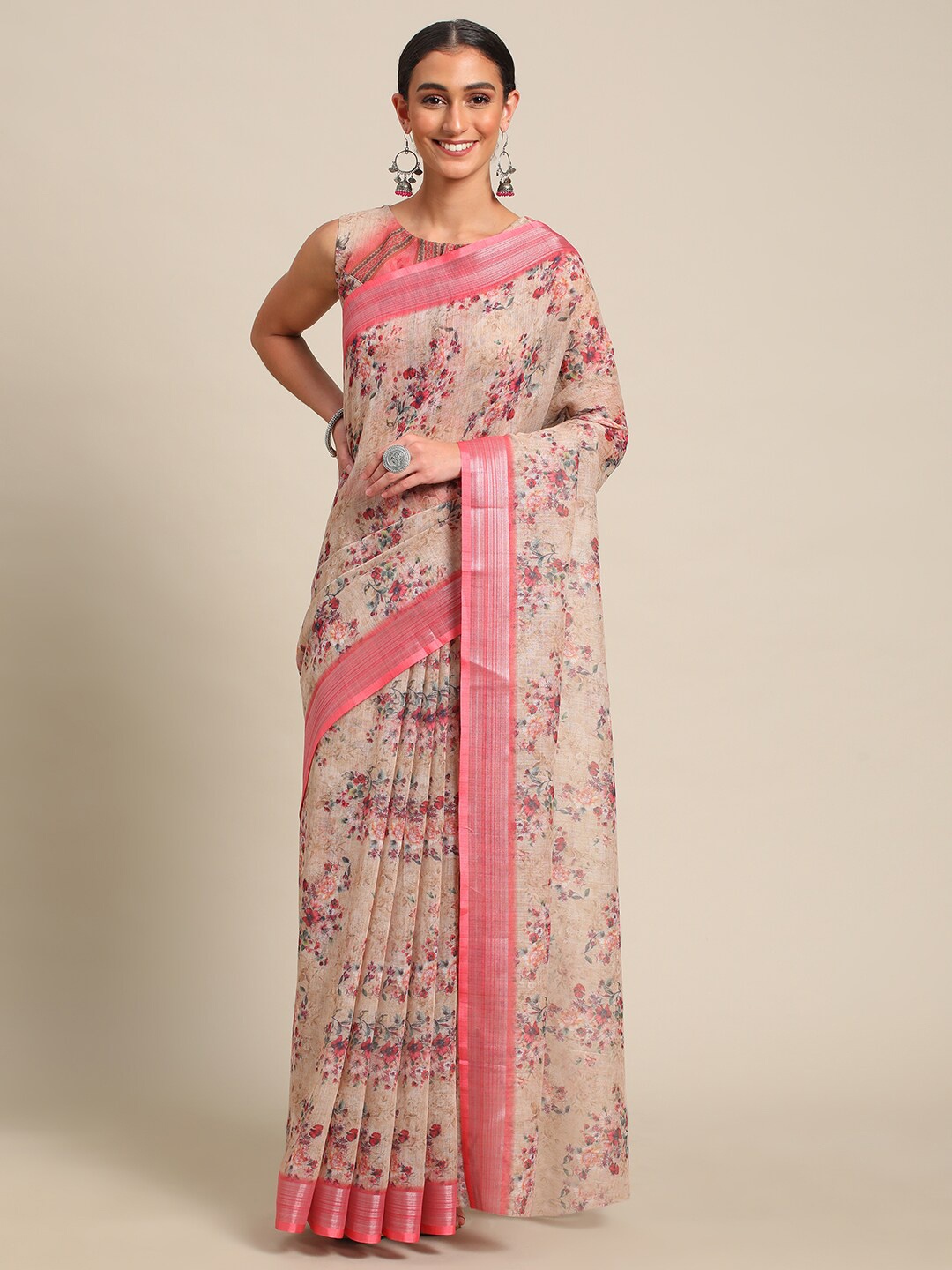 

all about you Floral Cotton Blend Zari Saree With Blouse Piece, Red