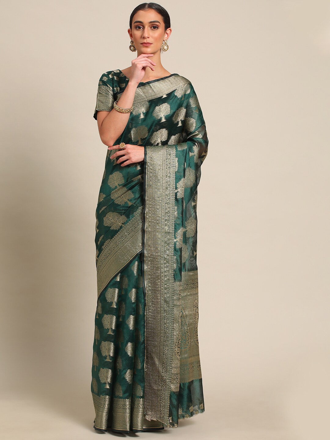 

all about you Ethnic Motifs Woven Design Zari Organza Saree, Green