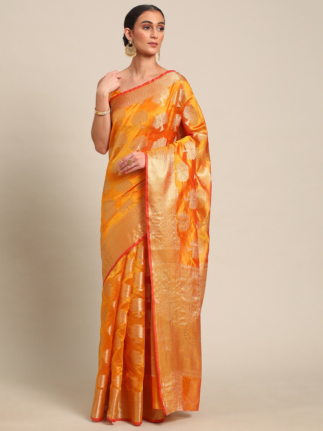 

all about you Ethnic Motifs Woven Design Zari Organza Saree, Orange