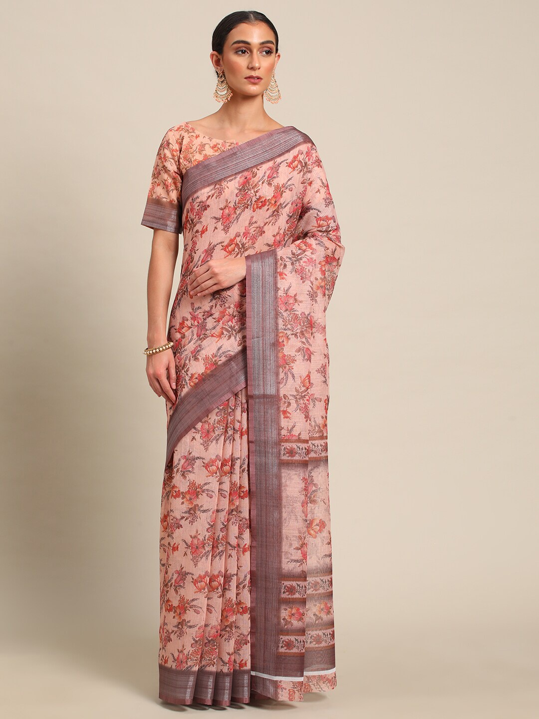 

all about you Floral Printed Zari Saree, Red