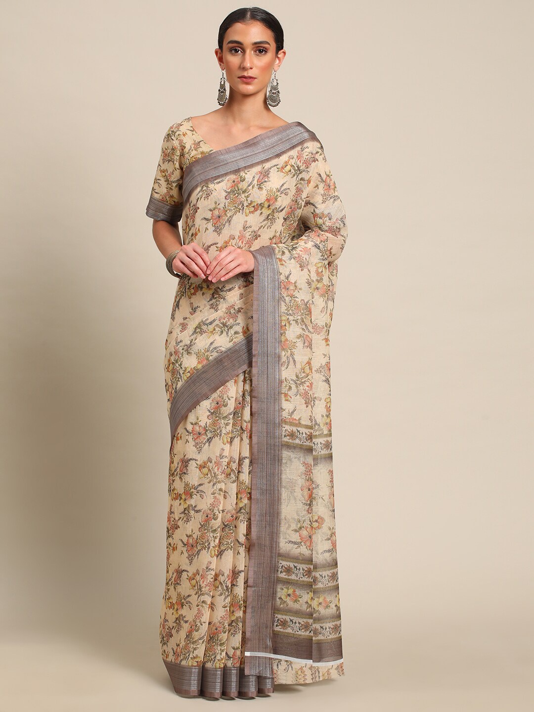

all about you Brown & Pink Floral Printed Zari Saree
