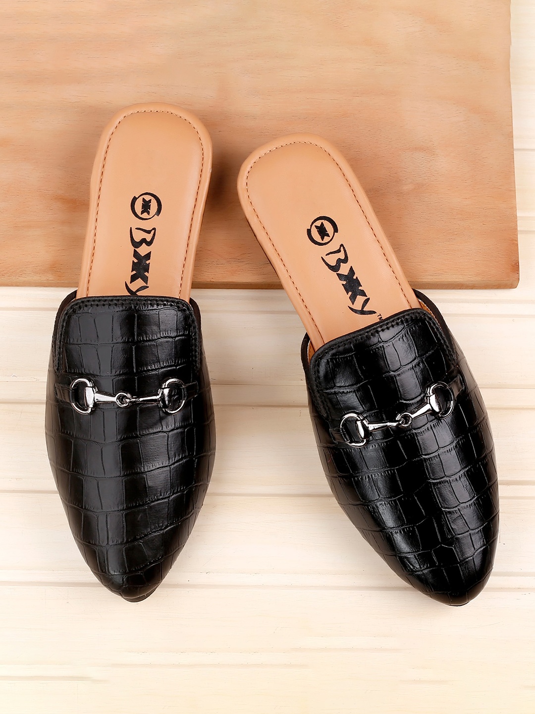 

Bxxy Men Textured Buckled Mules, Black
