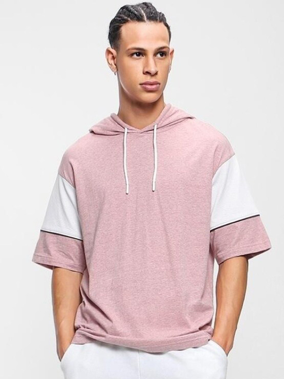 

Bewakoof Plus Colourblocked Hooded Relaxed Fit Cotton T-Shirt, Pink