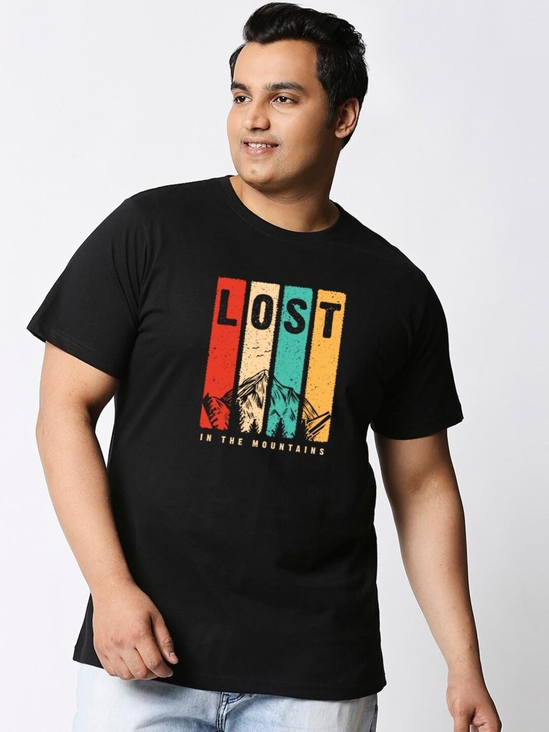 

Bewakoof Men Lost Mountains Graphic Printed Plus Size T-shirt, Black