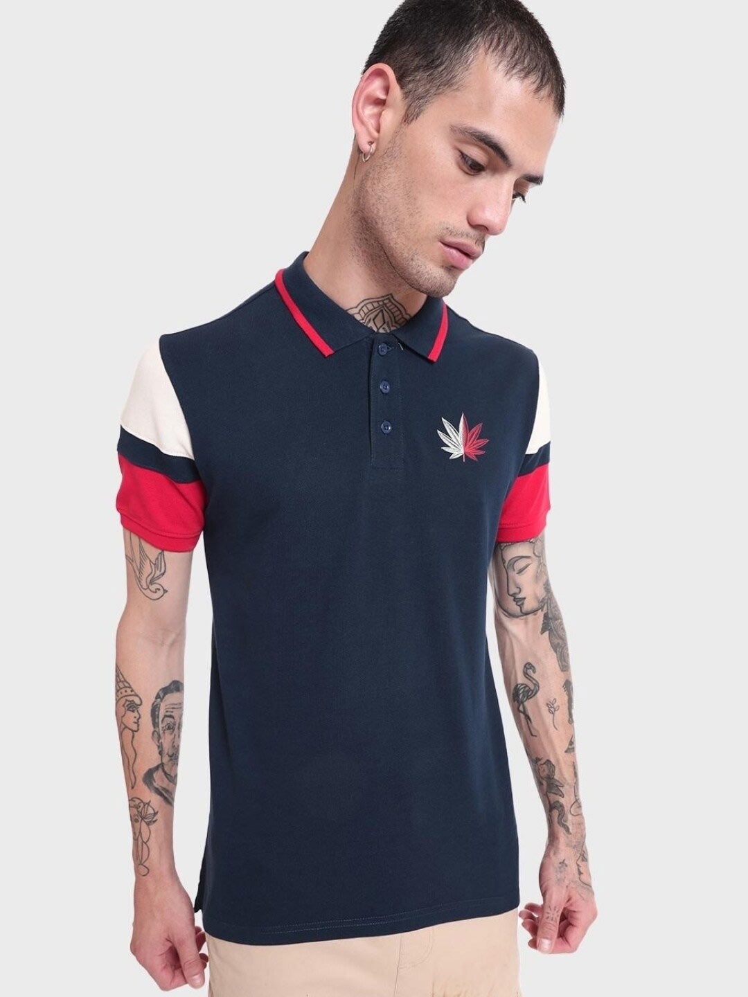 

Bewakoof Plus Plus Size Colourblocked Polo Collar Cotton T-shirt, Navy blue