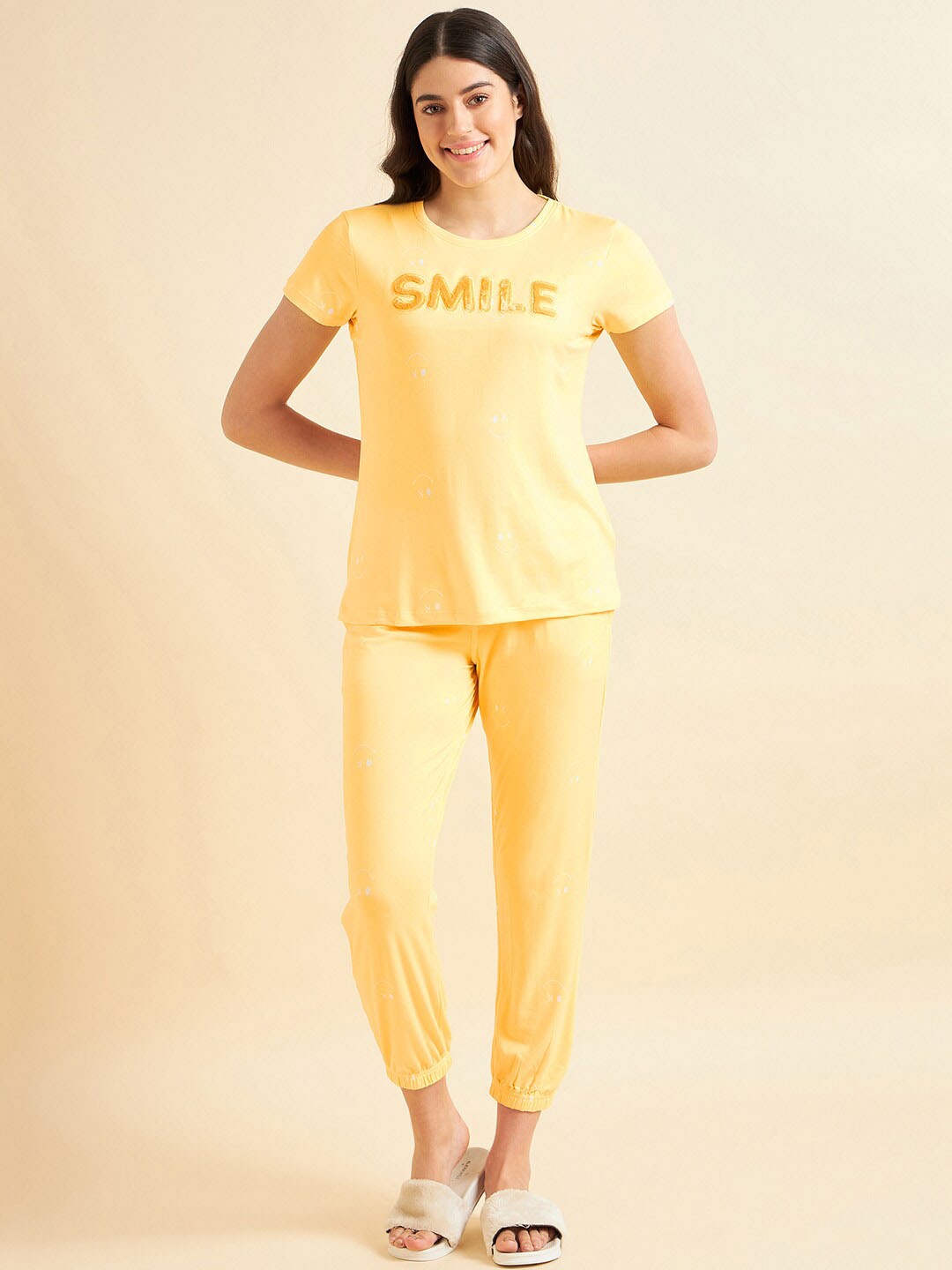 

Sweet Dreams Yellow Typography Printed Night Suit
