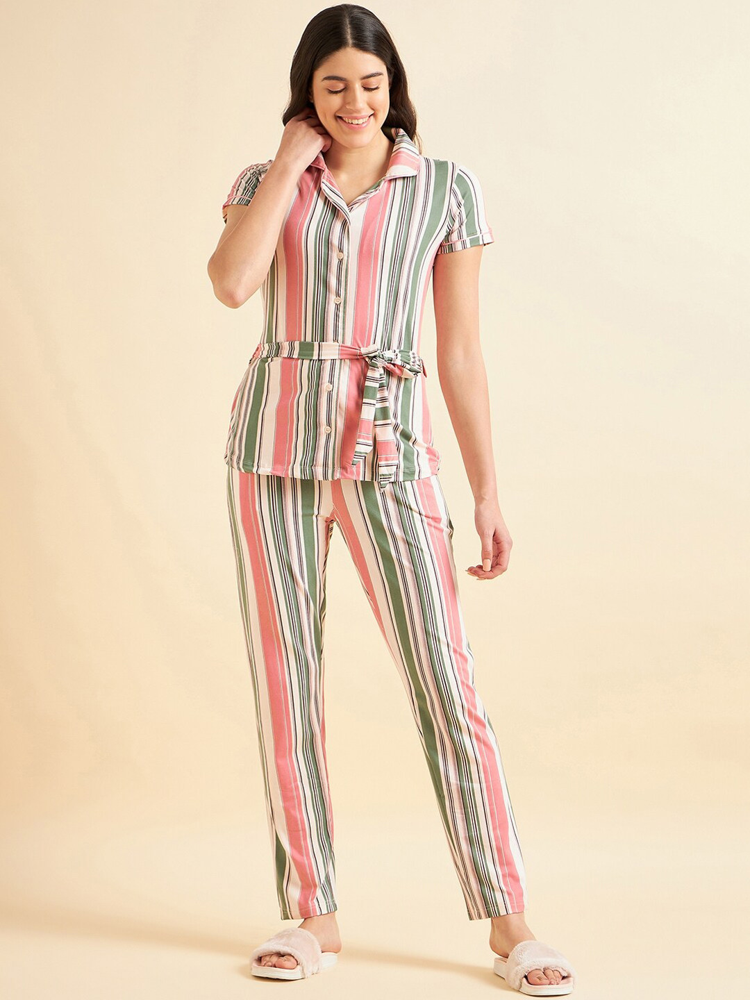 

Sweet Dreams Peach-Coloured Striped Night Suit