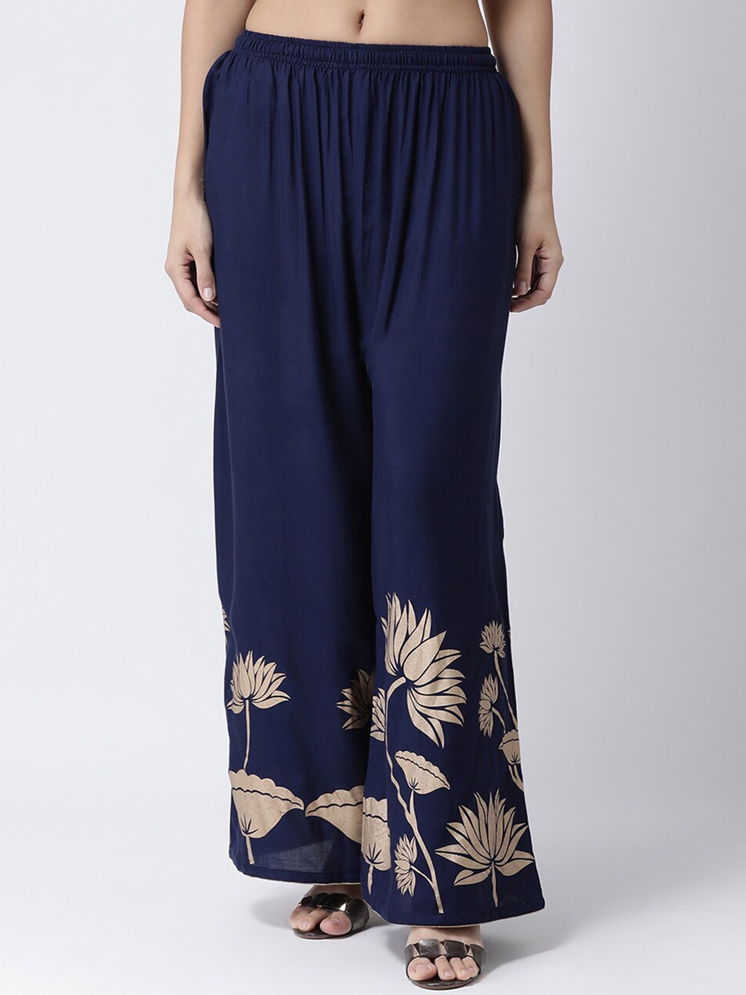 

Charitra Women Floral Printed Cotton Flared Palazzos, Navy blue