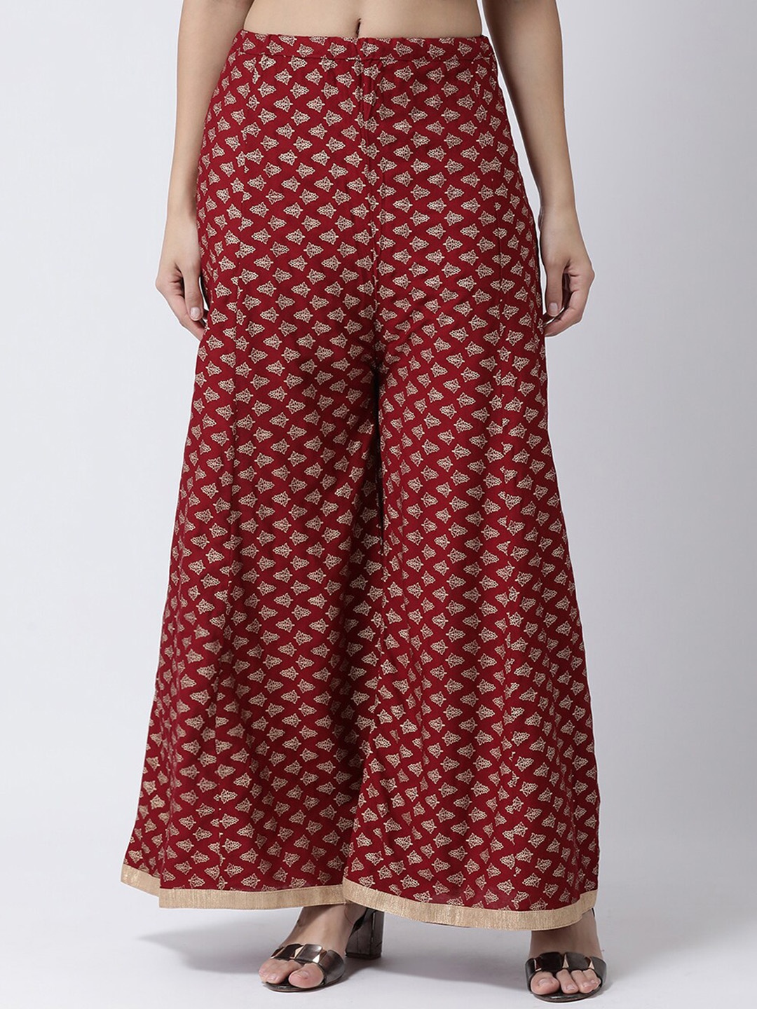 

Charitra Women Ethnic Motifs Printed Flared Cotton Palazzos, Maroon