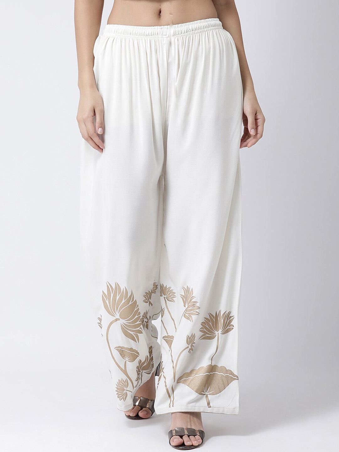 

Charitra Women Floral Printed Flared Cotton Palazzos, White