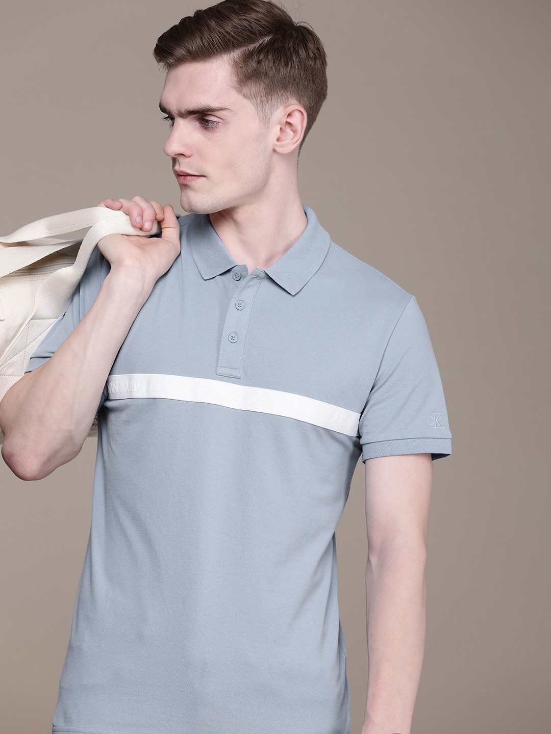 

Calvin Klein Jeans Polo Collar Applique T-shirt With Stripe Detail, Blue