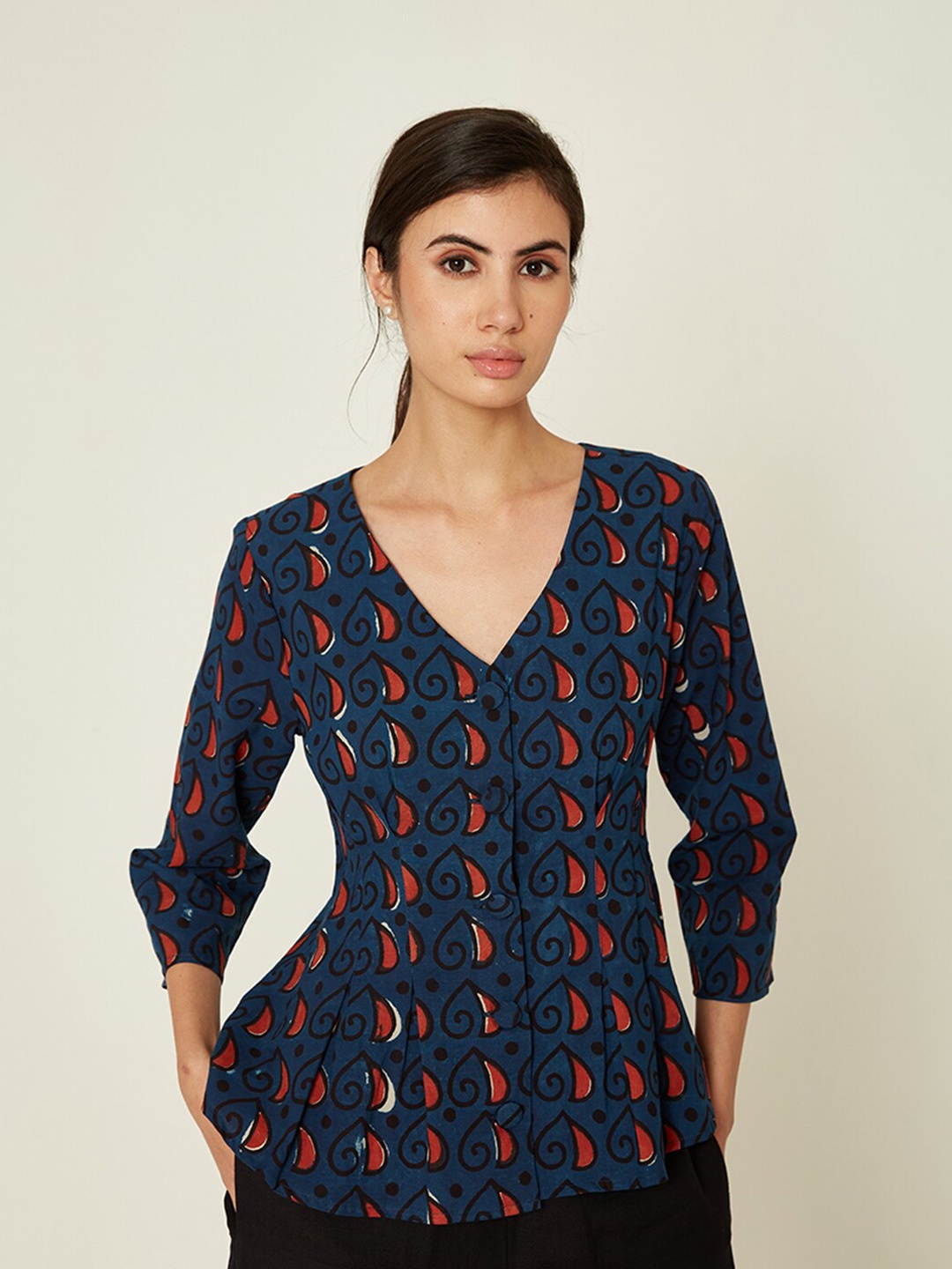 

Ancestry Ethnic Motifs Printed V-Neck Cotton Shirt Style Top, Blue