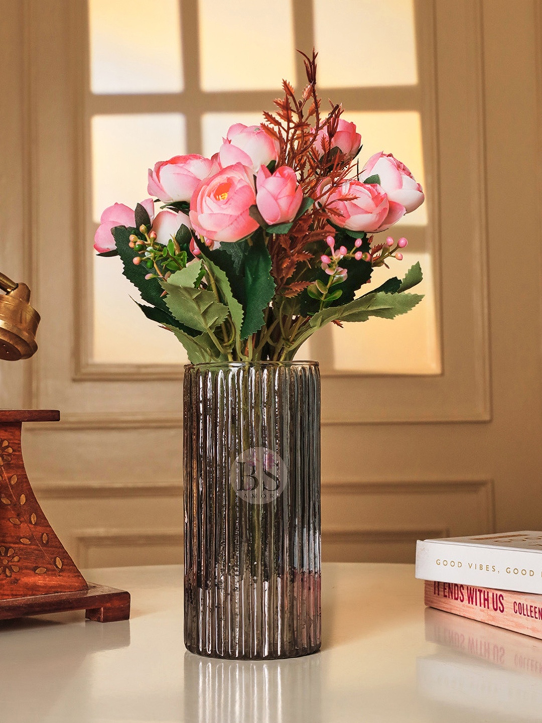 

BS AMOR Pink & Black Peony Artificial Flower With Vase