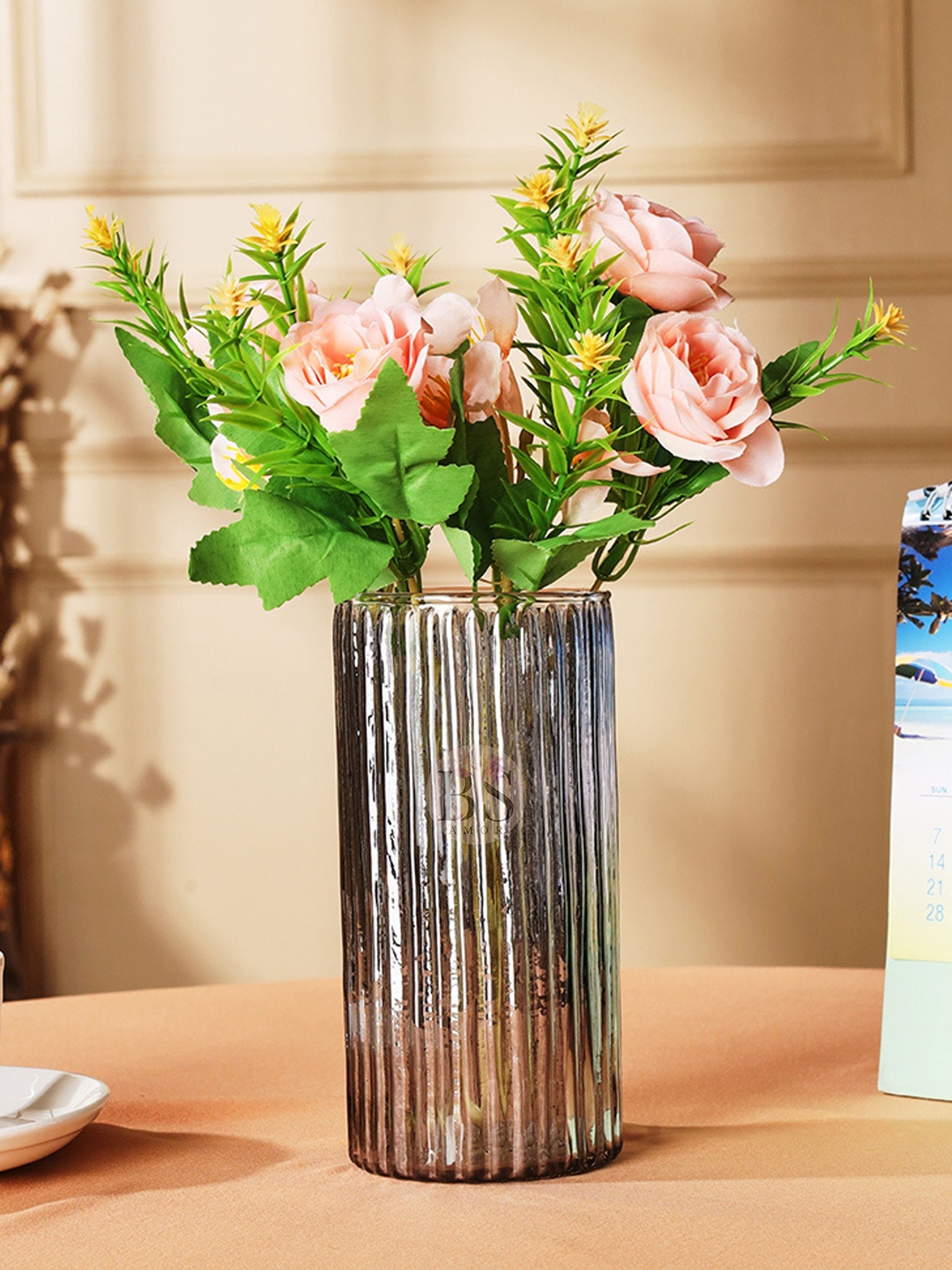 

BS AMOR Peach Artificial Rose Flowers & Glass Vase