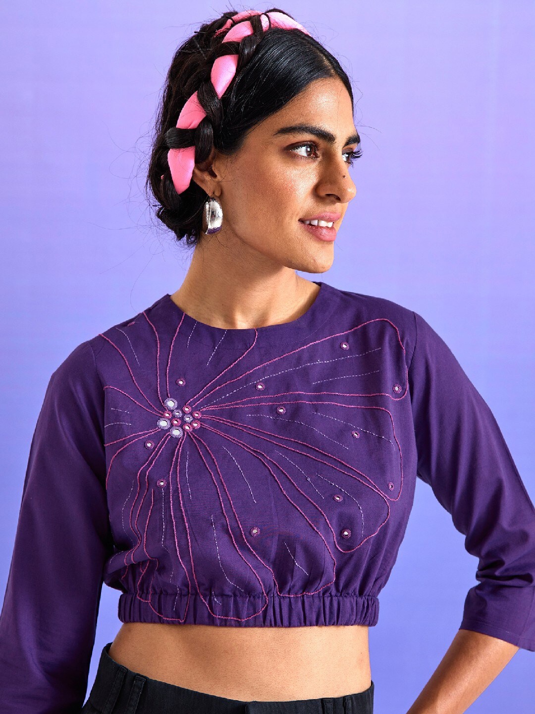 

OKHAI Embellished Cotton Regular Crop Top, Purple