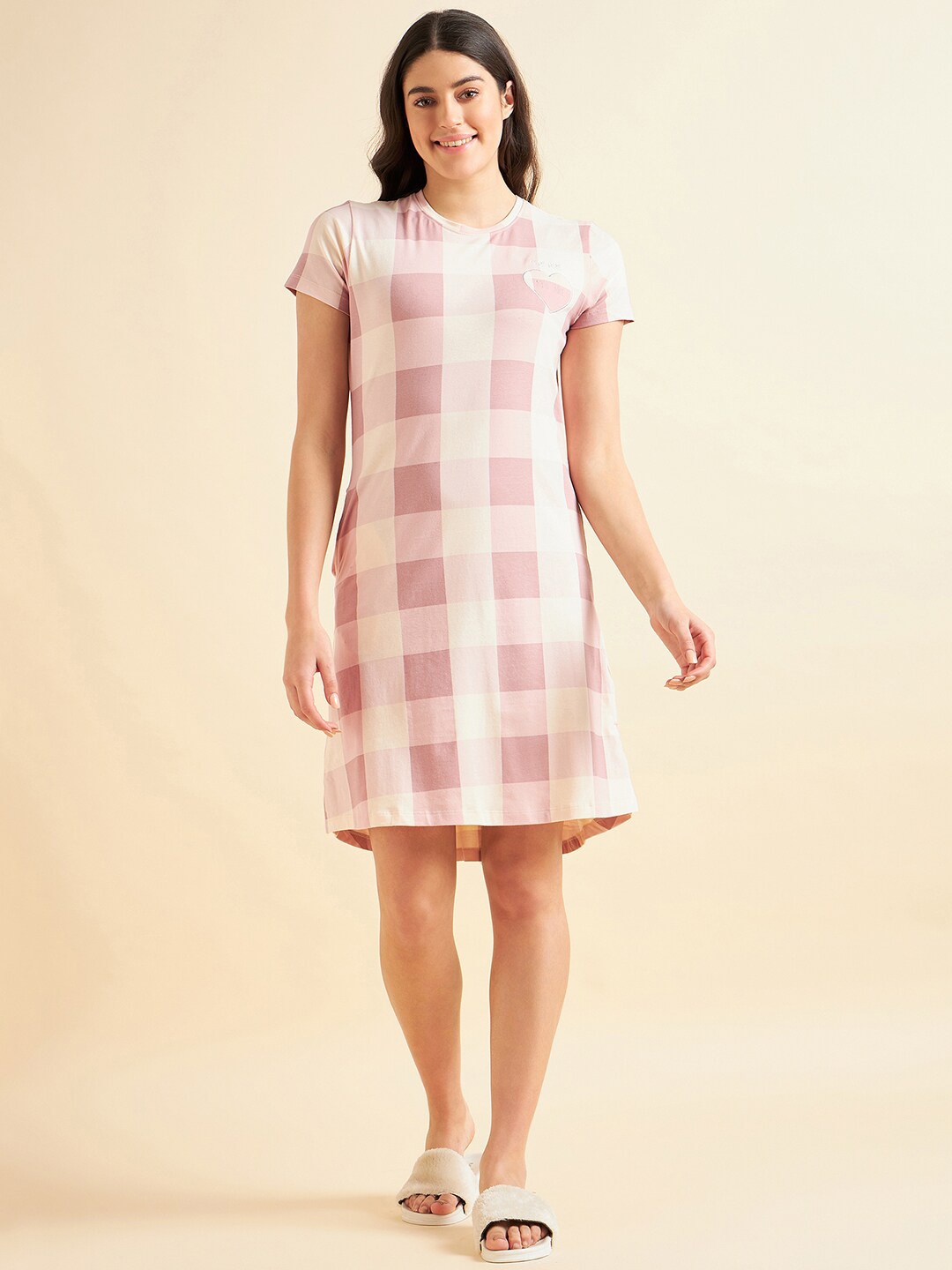 

Sweet Dreams Peach-Coloured Checked Pure Cotton Nightdress
