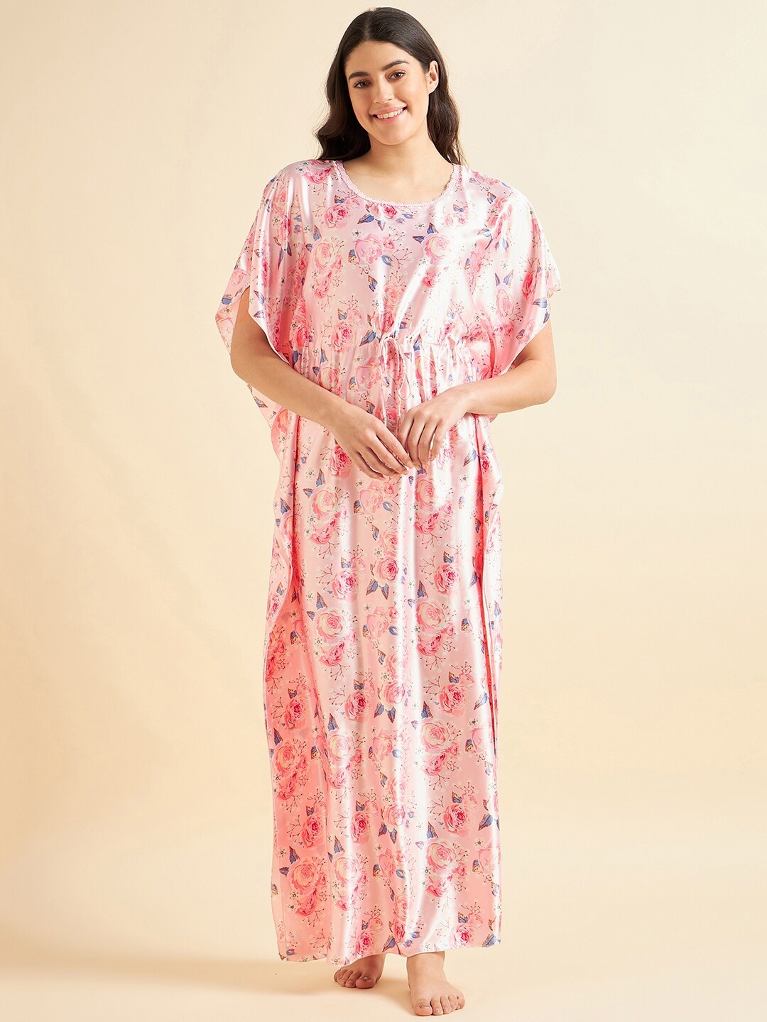 

Sweet Dreams Pink Floral Printed Satin Kaftan Maxi Nightdress