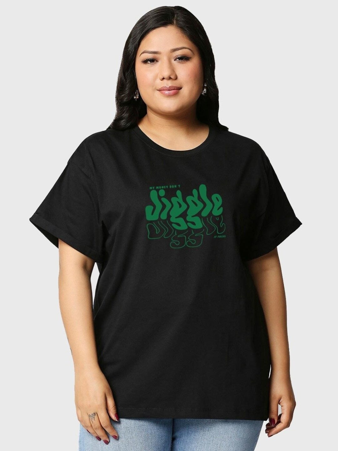 

Bewakoof Women Money Don't Jiggle Graphic Printed Plus Size Boyfriend T-shirt, Black