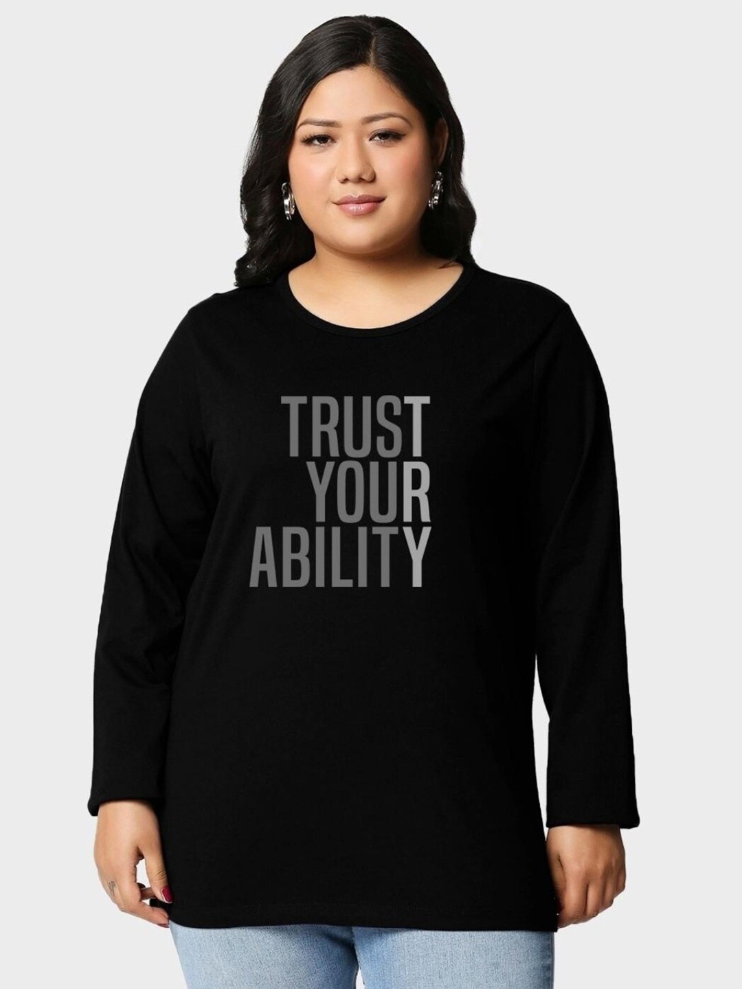 

Bewakoof Plus Typography Printed Round Neck Long Sleeves Cotton T-Shirt, Black
