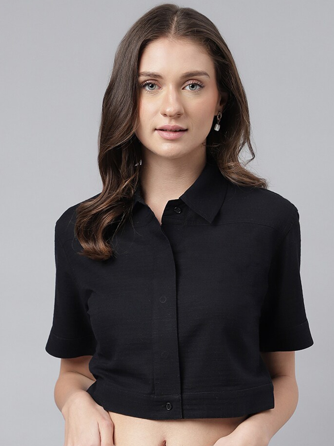 

Xpose Comfort Spread Collar Linen Casual Crop Shirt, Black