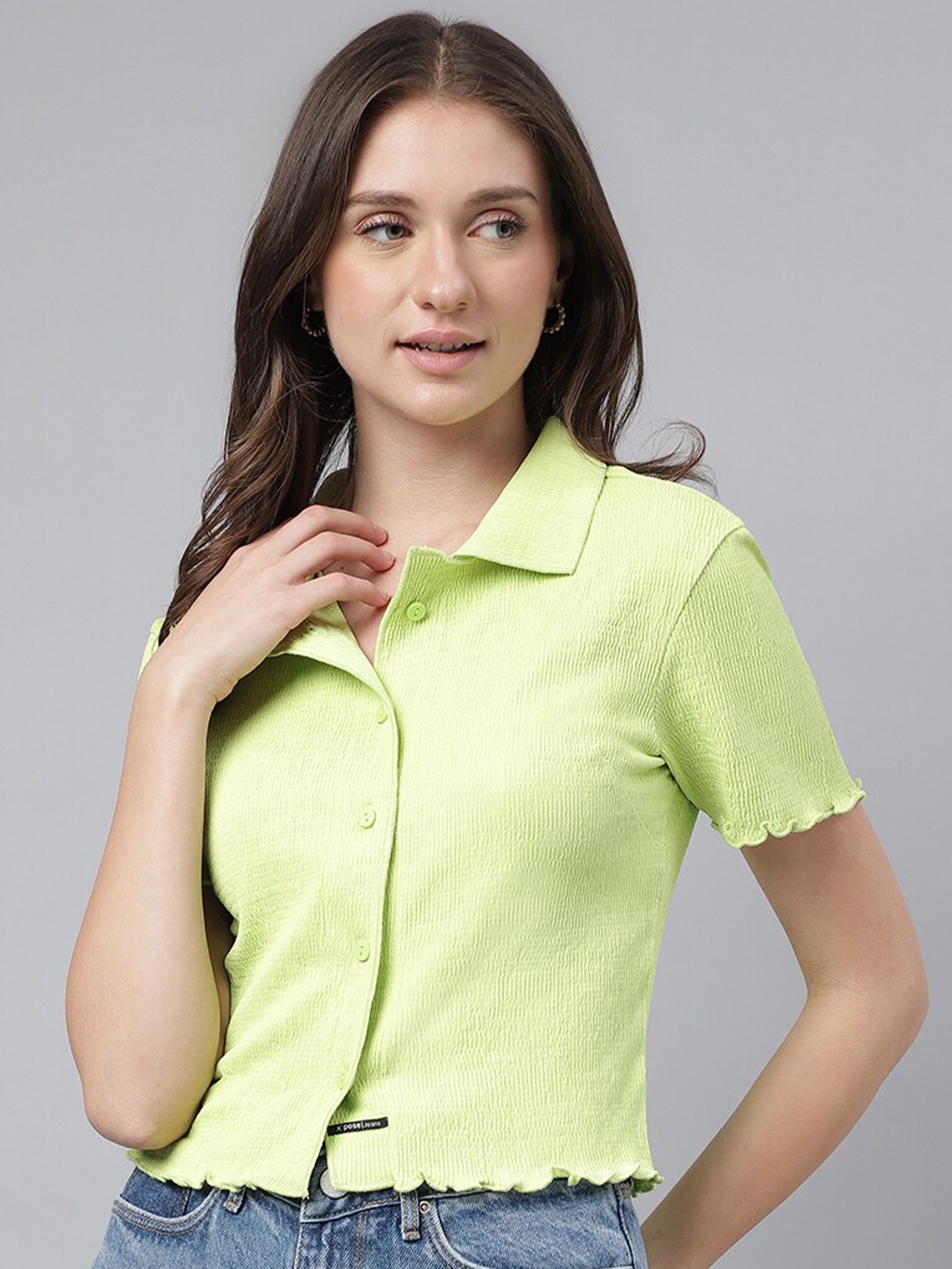 

Xpose Comfort Spread Collar Crop Casual Shirt, Green