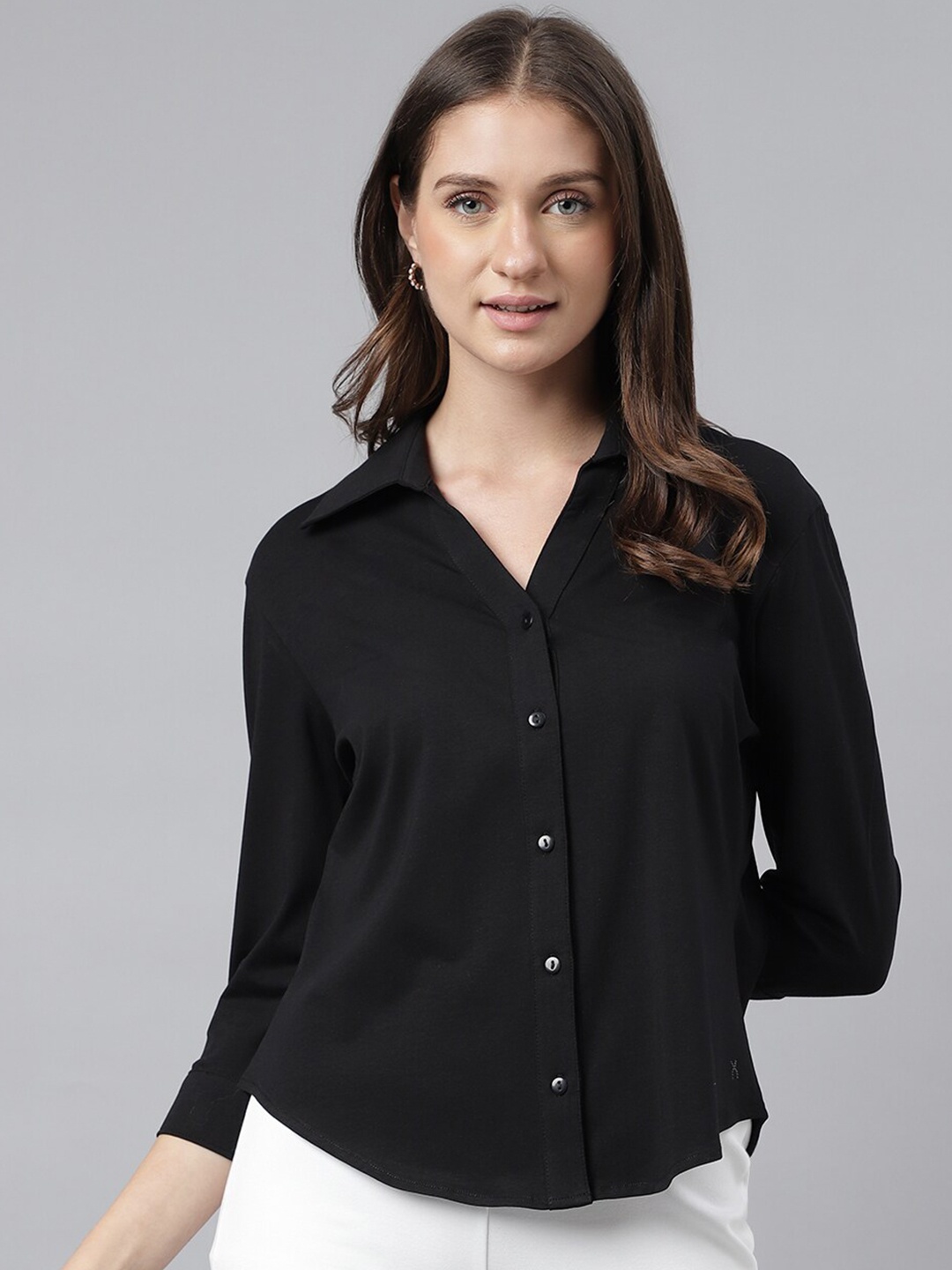 

Xpose Spread Collar Comfort Pure Cotton Casual Shirt, Black