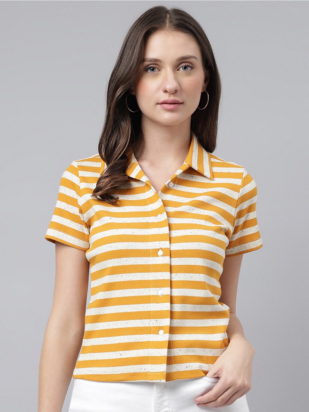 

Xpose Yellow Comfort Horizontal Striped Cotton Casual Shirt