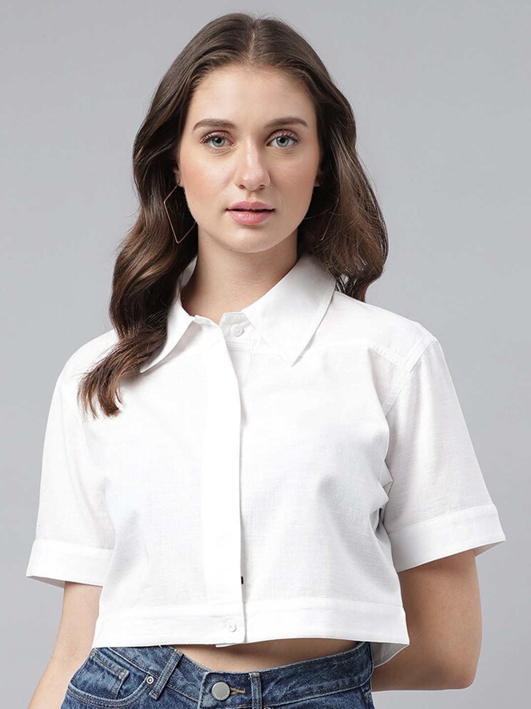 

Xpose Spread Collar Comfort Linen Cotton Crop Shirt, White